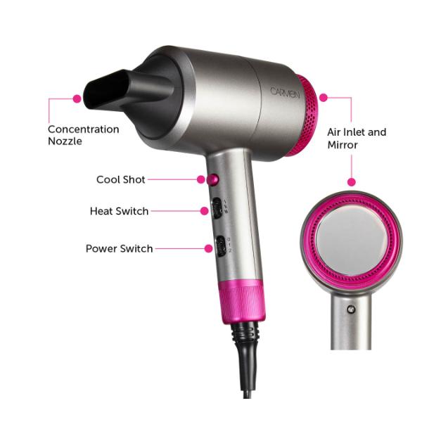 Carmen 1800W Neon DC Pro Hair Dryer Grey &amp; Pink