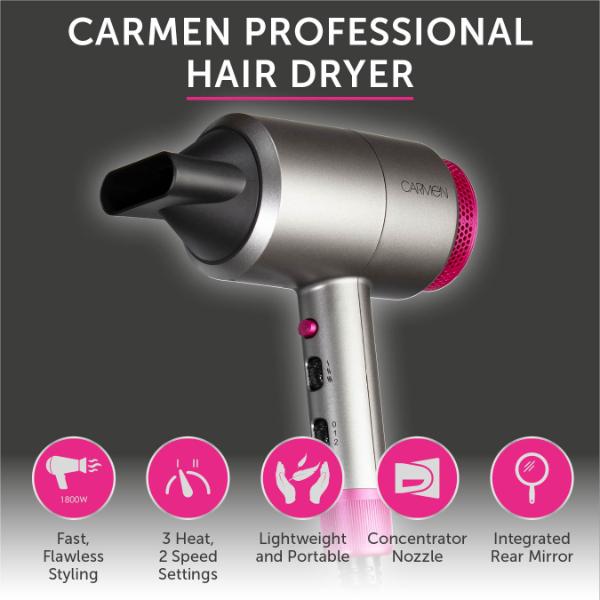 Carmen 1800W Neon DC Pro Hair Dryer Grey &amp; Pink