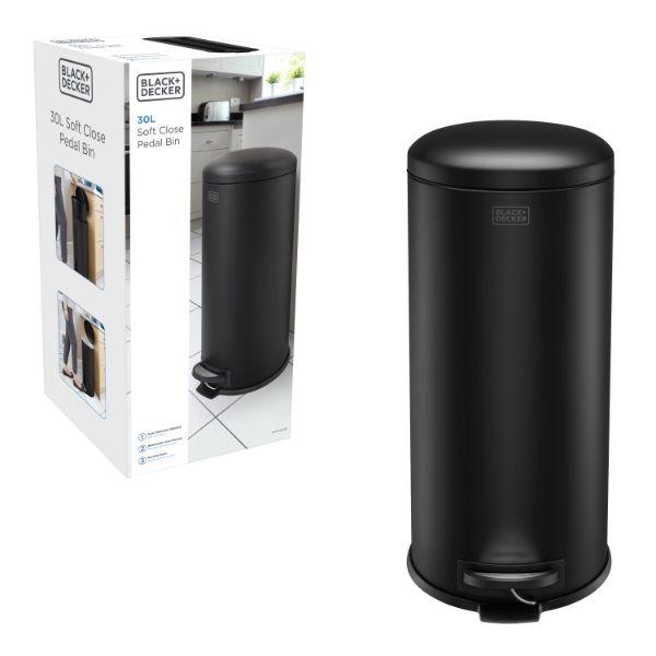 Black &amp; Decker 30L Dome Lid Pedal Bin - Matt Black