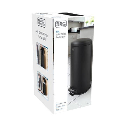 Black &amp; Decker 30L Dome Lid Pedal Bin - Matt Black
