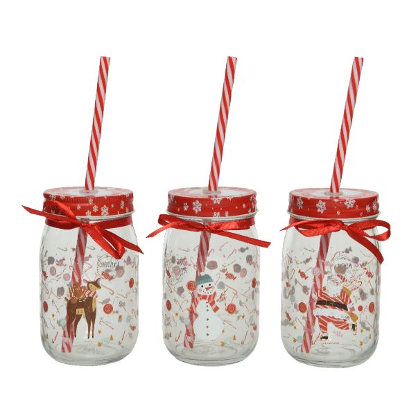 Drinking Jar Glass With Print And Ribbon (Snowman/Santa/Reindeer)