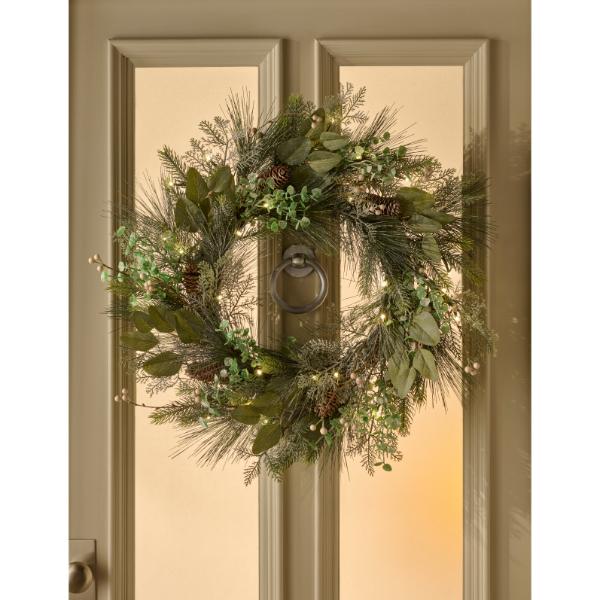Mistletoe Pine Battery Operated Wreath With 50 Warm White LEDs 66cm