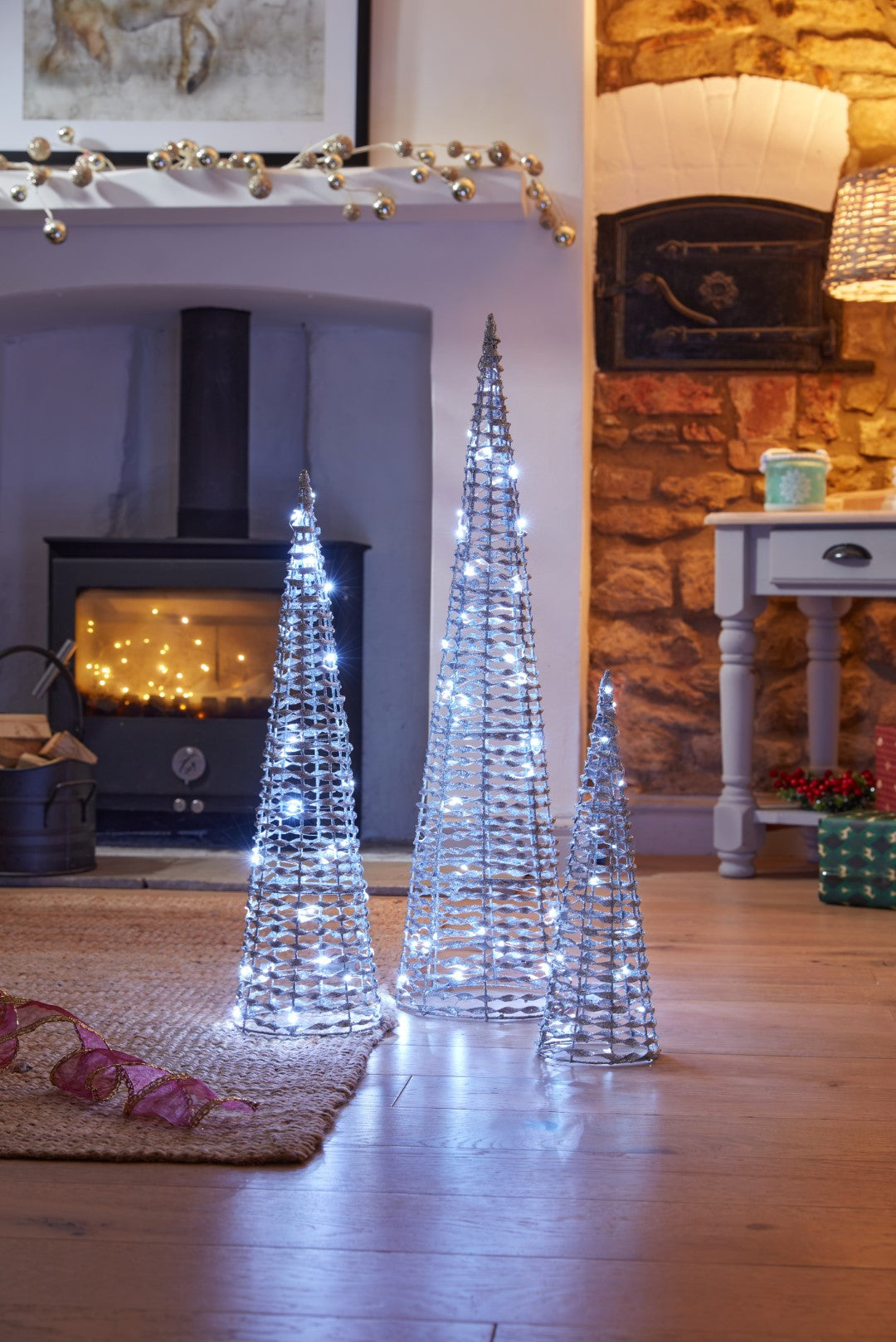 Three Kings Glitter Twist Tree Silver 80cm Set of 3