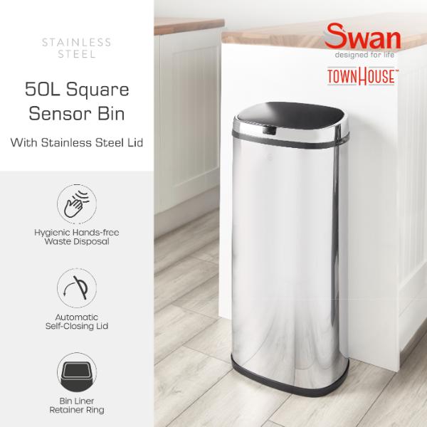 SWAN 50L Square Sensor Bin Stainless Steel