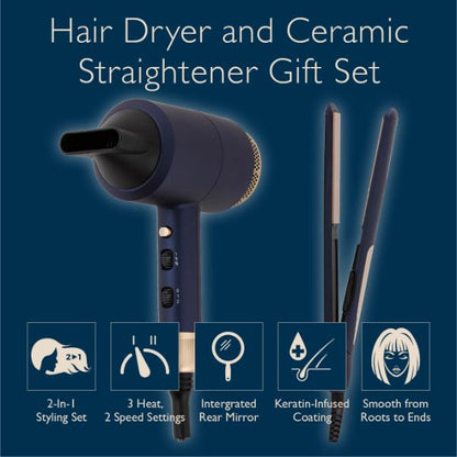 Carmen Gift 1800W Hair Dryer &amp; Straightener Blue &amp; Champagne