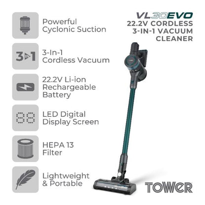 Tower VL30 Evo 22.2V Cordless 3-in-1 Pole Vacuum Green &amp; Grey