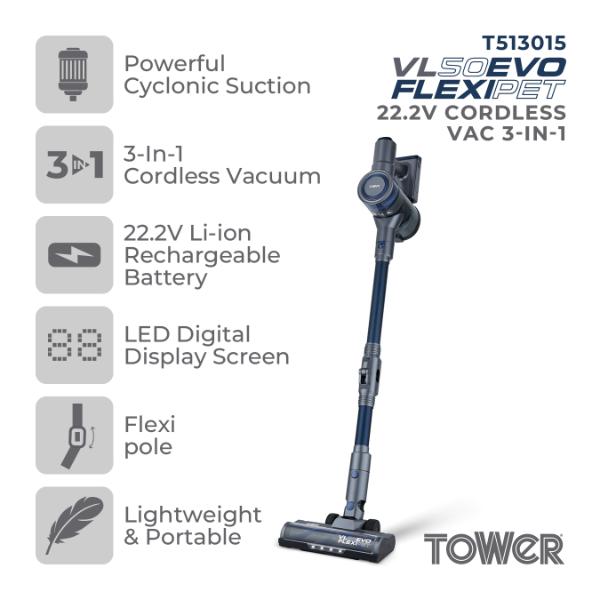 Tower VL50 Evo Flexi-Pet Pro Performance 3-in-1 Vacuum Cleaner Blue &amp; Grey
