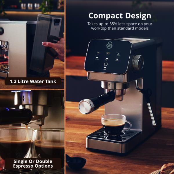 Swan Digital Mini Espresso Coffee Machine 1350W Stainless Steel