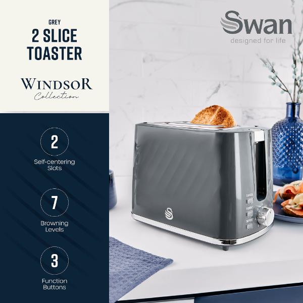 Swan Windsor 2 Slice Toaster Textured Grey