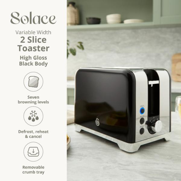 Swan Solace 2 Slice Stainless Steel Toaster Black