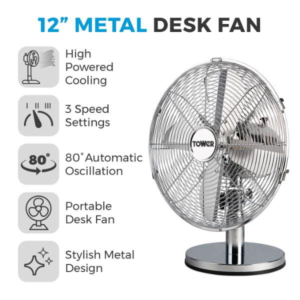 Tower 12" Metal Desk Fan Stainless Steel