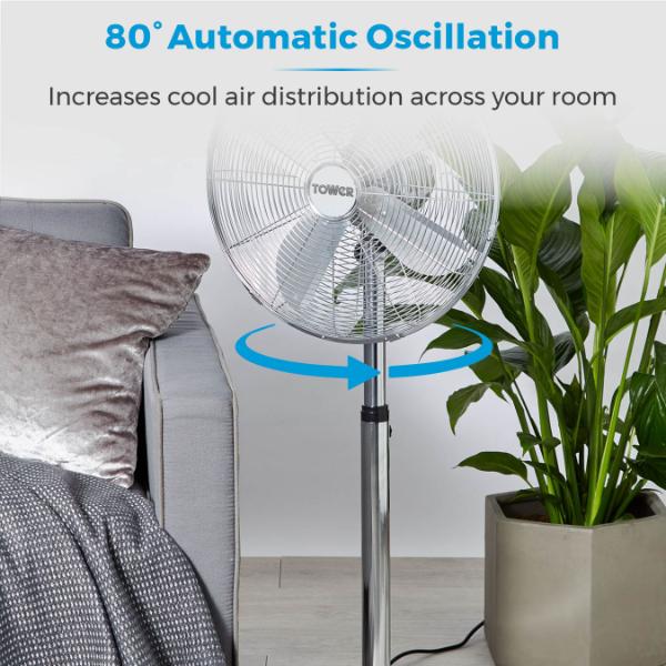 Tower 16" Metal Pedestal Fan Chrome Stainless Steel