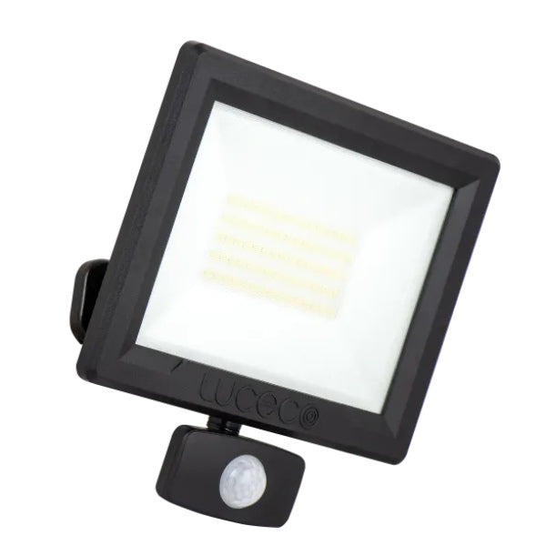 Luceco Essence 50 Watt PIR Floodlight With Ball Joint 1 Metre Cable - Dusk-Till-Dawn Override PIR - Black IP65