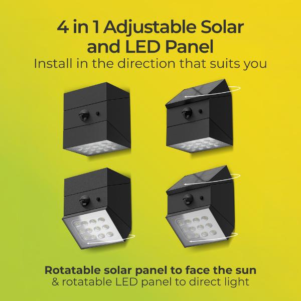 Luceco Rubix Solar Wall Light USB-C Port, PIR &amp; CCT, Adjustable, Black