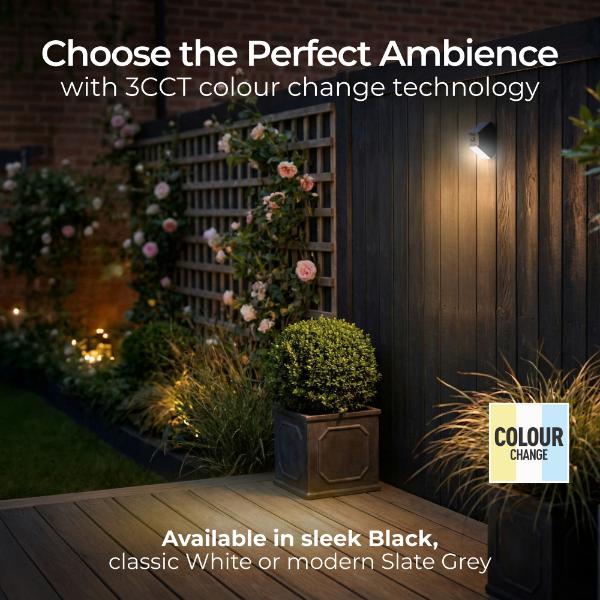 Luceco Rubix Solar Wall Light USB-C Port, PIR &amp; CCT, Adjustable, Black