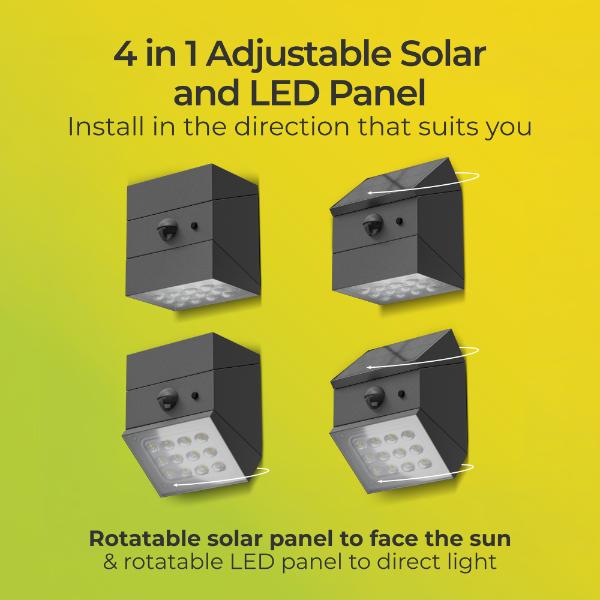 Luceco Rubix Solar Wall Light USB-C Port, PIR &amp; CCT, Adjustable, Grey