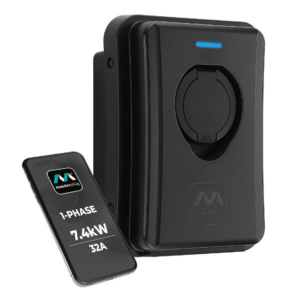 Masterplug Socketed Type 2 Smart EV Wall Charger, Mode 3, Black, 7.4kW