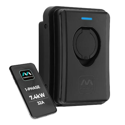 Masterplug Socketed Type 2 Smart EV Wall Charger, Mode 3, Black, 7.4kW