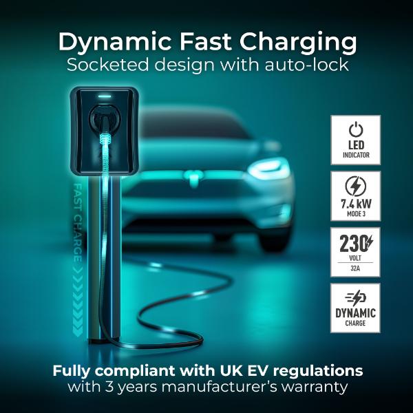 Masterplug Socketed Type 2 Smart EV Wall Charger, Mode 3, Black, 7.4kW