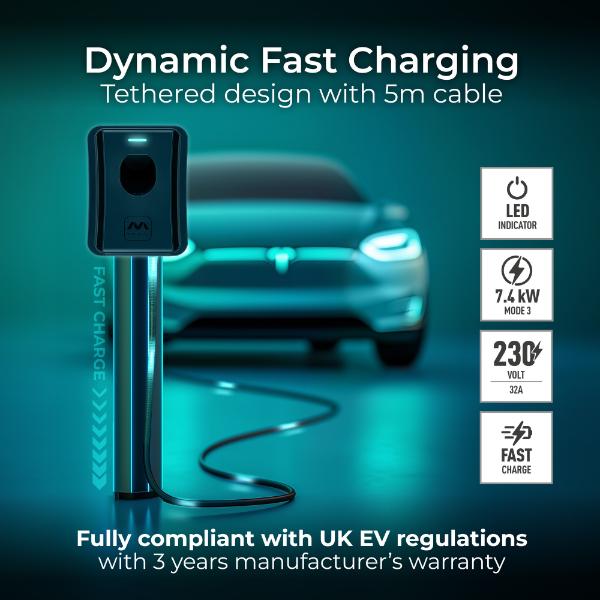 Masterplug Tethered 5m Type 2 Smart EV Wall Charger Mode 3 Black 7.4kW
