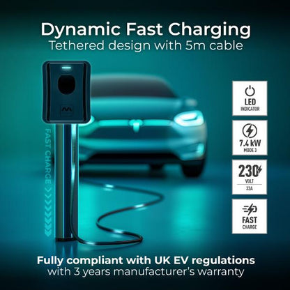 Masterplug Tethered 5m Type 2 Smart EV Wall Charger Mode 3 Black 7.4kW