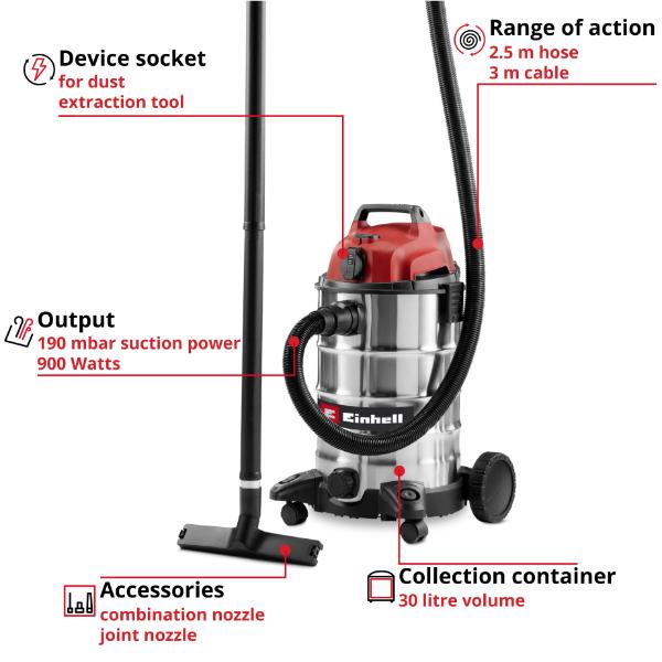 Einhell TC-VC 3055 SA 30 Litre Stainless Steel Wet &amp; Dry Vac with Power Take Off 230V