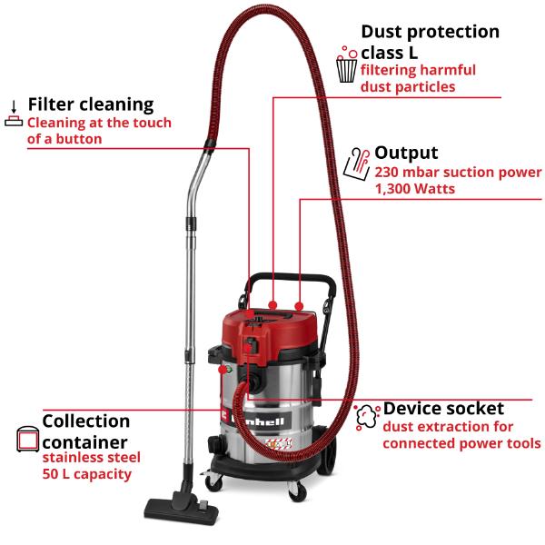 Einhell PXC 36V TE-VC 36/25 Li S 25 Litre Stainless Steel Wet and Dry Vac - Bare Unit