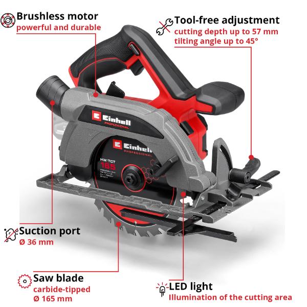 Einhell Professional PXC 18V TP-CS 18/165 Li Brushless 165mm Circular Saw - Bare Unit