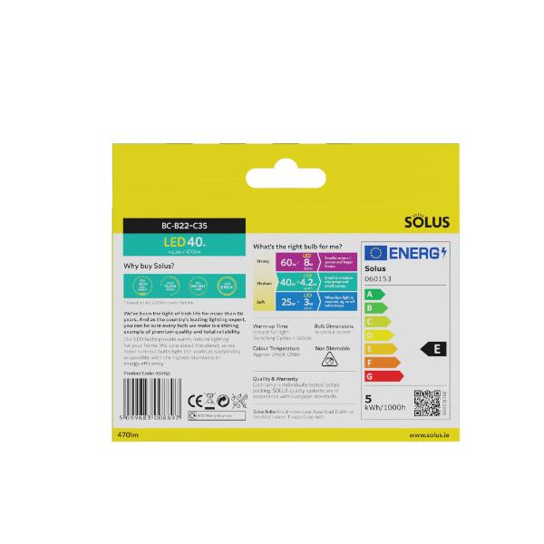 Solus 40W = 4.2W BC Candle SMD Non-Dimmable LED