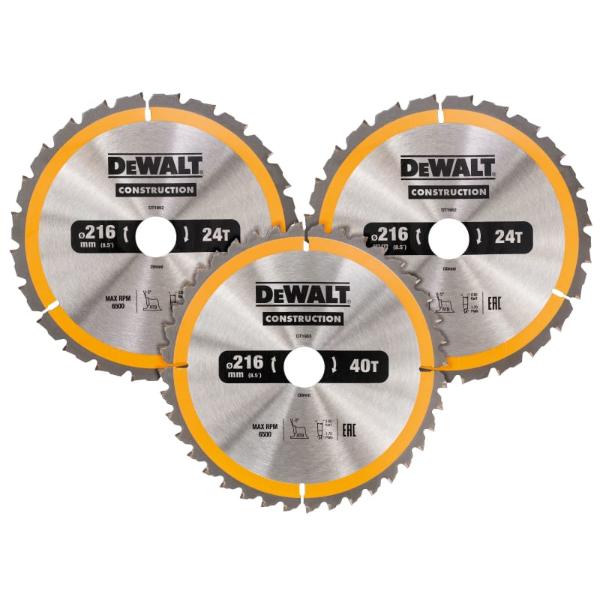 DeWalt DEWDT1962QZ Construction Circular Saw Blade 216mm  2X 24T 1X 40T Pack of 3
