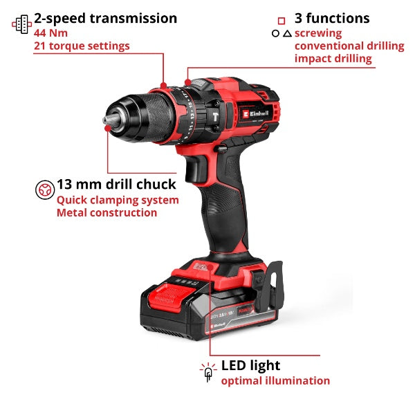 Einhell PXC 18V TE-CD 18/44 Li-i Cordless Combi Drill Kit (1x2,5Ah)
