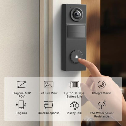 TP Link 2K Battery Video Doorbell Mini All Black