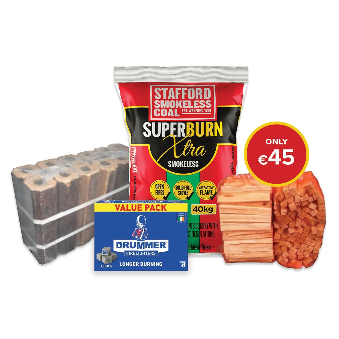 Buy 1 bag Superburn Xtra 40kg, 1 box of Drummer Firelighters, 1 bags of Kindling and 1 bale of Hardwood Briquettes for €45