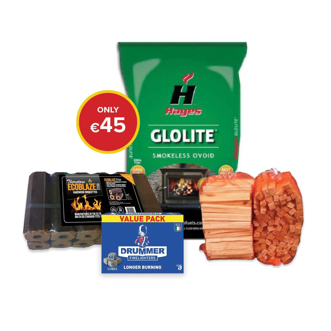 Buy 1 bag Glolite 40kg, 1 box of Drummer Firelighters, 1 bags of Kindling and 1 bale of Ecoblaze Briquettes for €45