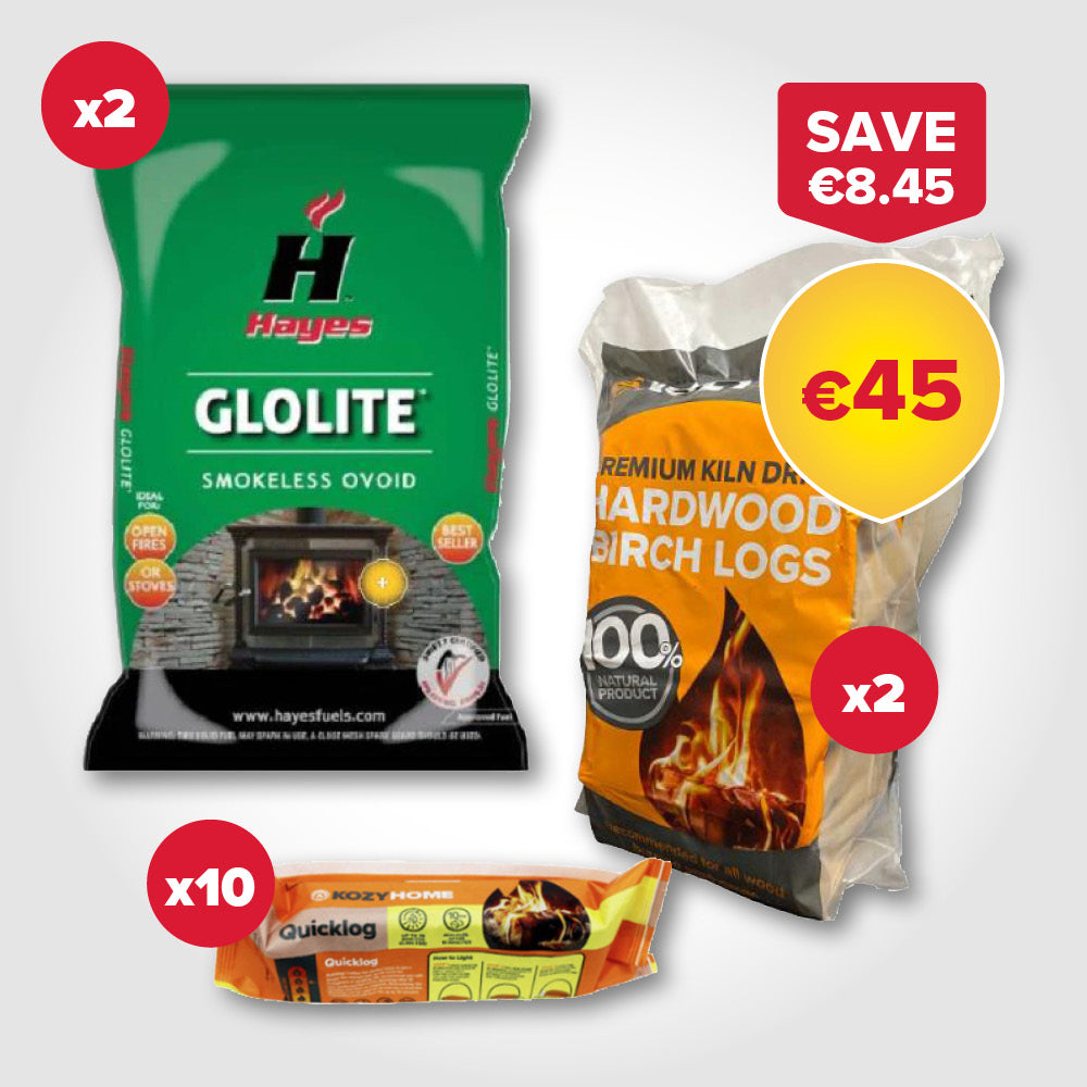 Buy 2 bags of 20kg Coal, 2 20L bags of Firewood, 10 Firelogs for €45