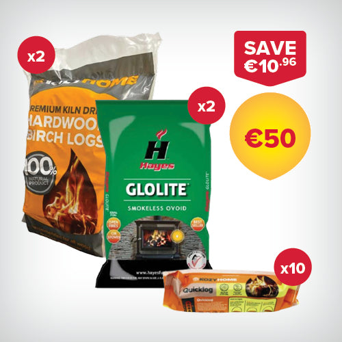Buy 2 bags of 20kg Coal, 2 20L bags of Firewood, 10 Firelogs for €50