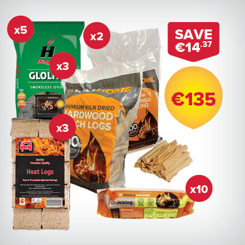 Buy 5 bags of 20kg Coal, 3 packs of Heat Log Briquettes, 3 20L bags of Firewood, 2 bags of Kindling and 10 Firelogs for €135