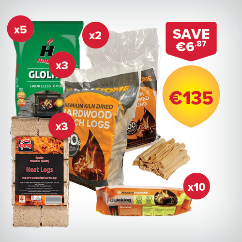 Buy 5 bags of 20kg Coal, 3 packs of Heat Log Briquettes, 3 20L bags of Firewood, 2 bags of Kindling and 10 Firelogs for €135