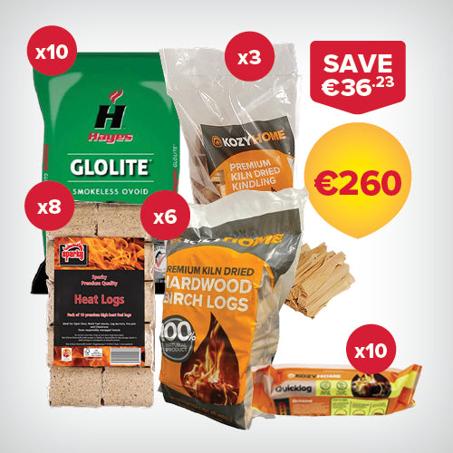 Buy 10 bags of 20kg Coal, 8 packs of Heat Log Briquettes, 6 20L bags of Firewood, 3 bags of Kindling and 10 Firelogs for €260