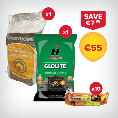 Buy 1 bags of 40kg Coal, 1 50L bags of Firewood, 10 Firelogs for €55