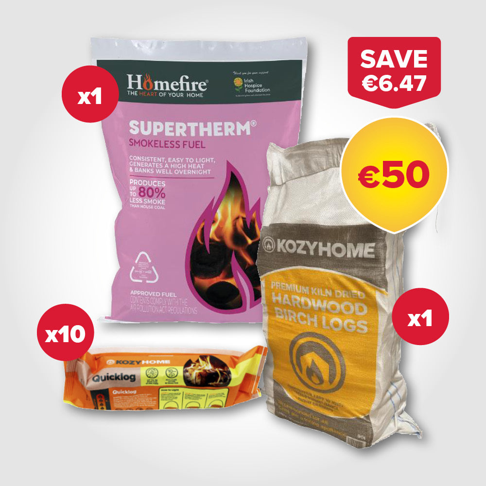 Buy 1 bags of 40kg Coal, 1 50L bags of Firewood, 10 Firelogs for €50