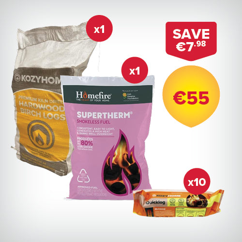 Buy 1 bags of 40kg Coal, 1 50L bags of Firewood, 10 Firelogs for €55