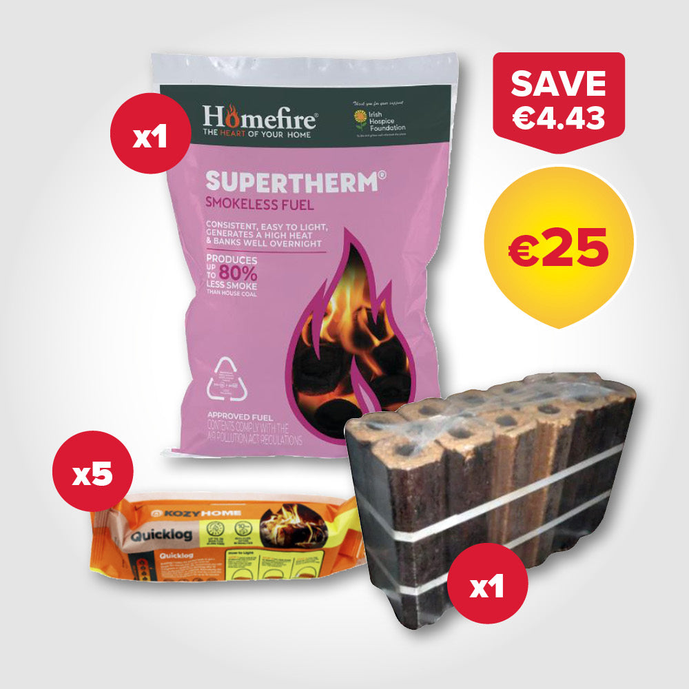 Buy 1 20kg bag Coal, 1 Hardwood Briquette, 5 Firelogs for €25
