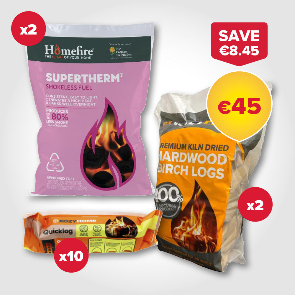 Buy 2 bags of 20kg Coal, 2 20L bags of Firewood, 10 Firelogs for €45