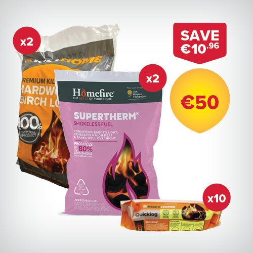 Buy 2 bags of 20kg Coal, 2 20L bags of Firewood, 10 Firelogs for €50