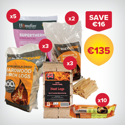 Buy 5 bags of 20kg Coal, 3 packs of Heat Log Briquettes, 3 20L bags of Firewood, 2 bags of Kindling and 10 Firelogs for €135