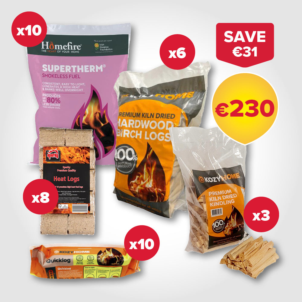 Buy 10 bags of 20kg Coal, 8 packs of Heat Log Briquettes, 6 20L bags of Firewood, 3 bags of Kindling and 10 Firelogs for €230