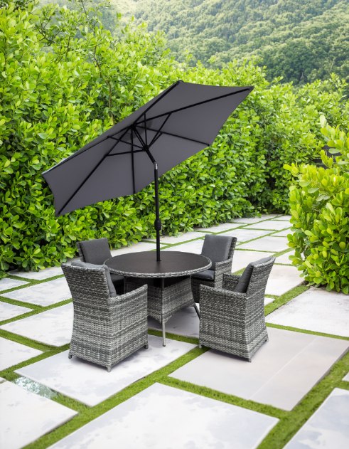 Algarve 4 Seater Aluminium Frame Rattan Outdoor Dining Set with Parasol, Lazy Susan, Cushions &amp; Cover